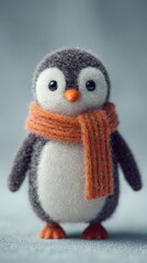 Adorable felted penguin toy wearing a cozy orange knitted scarf, perfect for winter themes