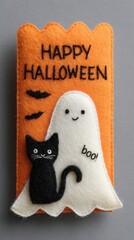Cute felt Halloween decoration with ghost, black cat, and bats saying happy halloween