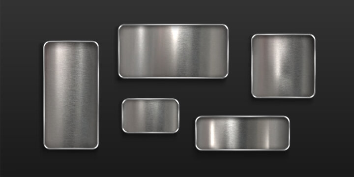 Metal tag collection with brushed steel texture on black background. Realistic 3D plates of chrome borders in rectangular and square shapes with metallic finish for badge design and tag mockup.