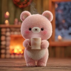 Cute fluffy pink bear holding a warm mug by a cozy fireplace on a winter evening