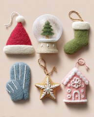 Handmade felt Christmas ornaments including a Santa hat, snow globe, stocking, mittens, star, and gingerbread house
