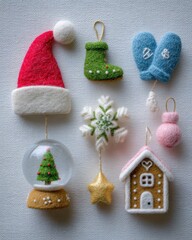 Handmade felt Christmas ornaments including a Santa hat, gingerbread house, and snow globe