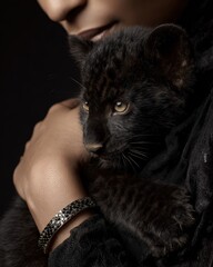 Gentle embrace of a person holding a cute black panther cub with a diamond bracelet