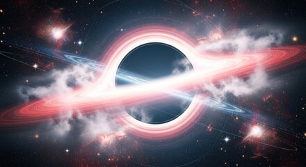 A black hole with a red and white ring of matter around it, surrounded by stars and galaxies in space.