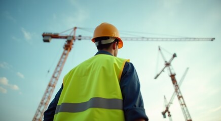 Construction worker in safety vest and hard hat talking on cell phone