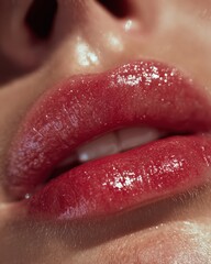 Close-up macro shot of glossy red lips with subtle shimmer and natural skin texture