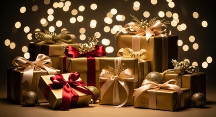 A collection of beautifully wrapped presents with gold ribbons and ornaments, against a warm, bokeh-lit background.