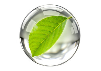 A vibrant green leaf inside a clear glass sphere on a white/Transparent background with reflections of light and modern architecture visible through the glass representing nature and eco friendly