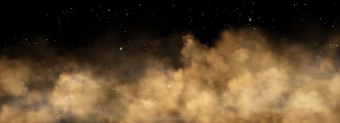 Yellow smoke clouds with sparks flying in air. Vector realistic illustration of transparent mist rising above fire, fiery heat rising up with cinder particles, burning flame haze overlay effect