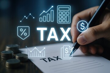 Individual preparing tax documents with digital financial analytics, symbolizing modern tax management and financial responsibility in personal finance.