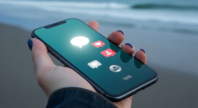 Hand holding a smartphone displaying social media icons on a beach. - Powered by Adobe