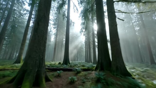 Misty forest with tall trees and sunlight