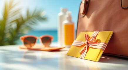 Yellow gift card with a bow and sunglasses on a table copy space travel concept gift card concept