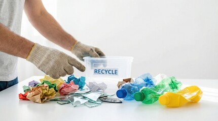 Recycling action plastic waste sorting home environment educational content sustainable practice close-up viewpoint