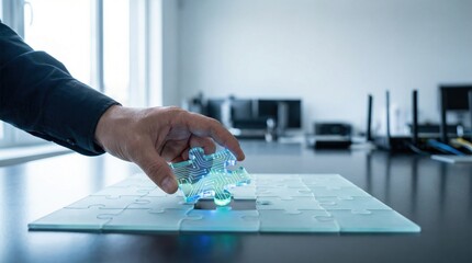 Innovative puzzle solving action in a modern office environment with futuristic technology integration