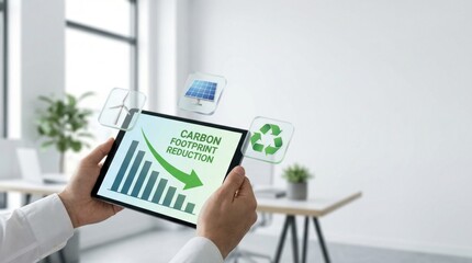 Carbon footprint reduction strategies modern office infographic sustainable solutions digital view environmental awareness