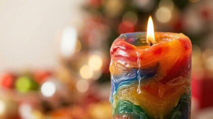 Colorful candle illuminating holiday cheer cozy living room photography warm atmosphere close-up celebration of light