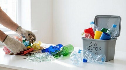 Recycling efforts home environment action photography sustainable living close-up perspective waste management awareness