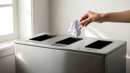 Hand putting trash into recycling bin.