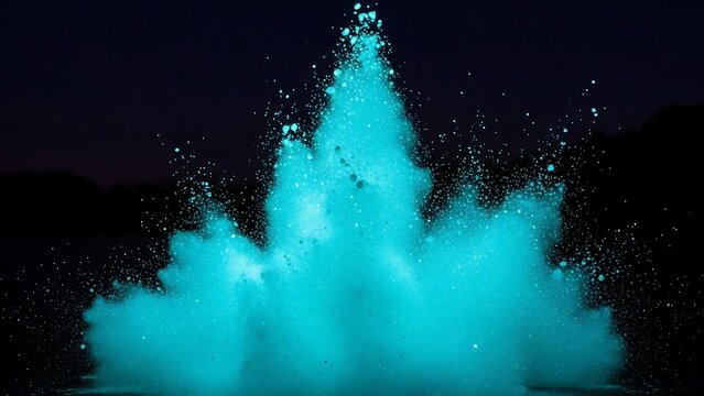 Glowing turquoise smoke explosion at night.