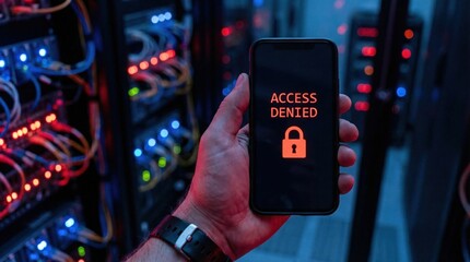 Unauthorized access alert data center digital security high-tech environment close-up view cybersecurity risks