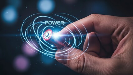 Hand touching a futuristic glowing power button with swirling energy lines.