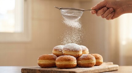 Delicious pastry preparation sprinkling sugar on donuts kitchen setting food photography bright atmosphere close-up culinary art