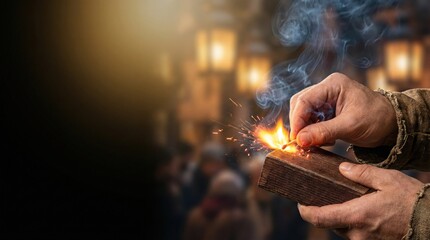 Igniting passion crafting fire in a bustling marketplace historical setting close-up artisan skill exploration
