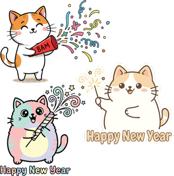 Cute kawaii cats celebrating Happy New Year with confetti, sparklers and party poppers, festive kitten characters vector set.