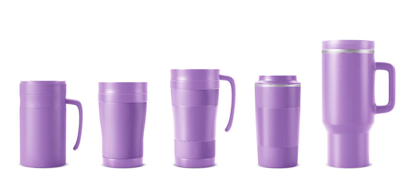 Purple tumbler set with realistic travel mug mockup. Thermal insulated cup set with handle and lid for coffee or water. Stainless steel thermos bottles, reusable flask designs for corporate branding