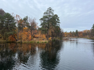 Obraz premium Tranquil autumn lake scene with pine and deciduous trees in warm fall colors lining the shore, Voditsa Forest Ukraine, Kyiv