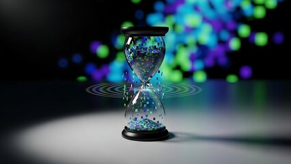 Hourglass with sparkling blue particles.