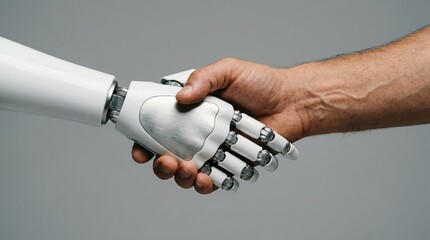 Human-robot interaction studio setting image of a handshake neutral background close-up exploring future collaboration