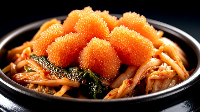 Korean myeongnanjeot pollock roe kimchi with cabbage, the orange fish roe clusters mixed with spicy cabbage in a fermented brine, in a traditional brown onggi jar