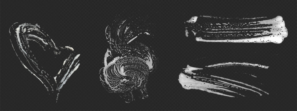 Foam glass stain soap texture with bubble pattern and sponge water smear overlay on dark transparent background. Soapy clean streaks with organic shapes - heart, circular swirl and horizontal streaks.