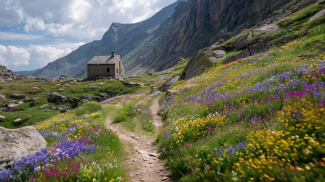 4K Mountain landscape with stone hut and vibrant wildflowers along a hiking path in the alps video