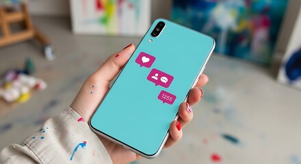 Hand holding a smartphone with social media icons floating above the screen, representing online engagement and digital communication.