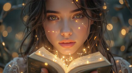 A girl with a book, surrounded by the warm light of garlands. The magical atmosphere is suitable for the background of advertisements for comfort-creating equipment: lighting, climate control, and a s