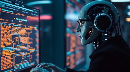 Robot, artificial intelligence with digital interfaces. Perfect for banners about smart electronics, home automation systems, and intelligent appliances