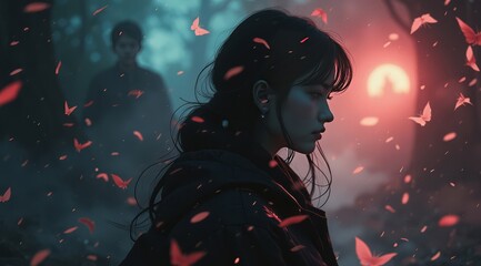 A girl with shimmering particles, a magical background. Perfect for advertising household appliances that emphasize cleanliness and innovative technology. Creates an atmosphere of magic and modernity.