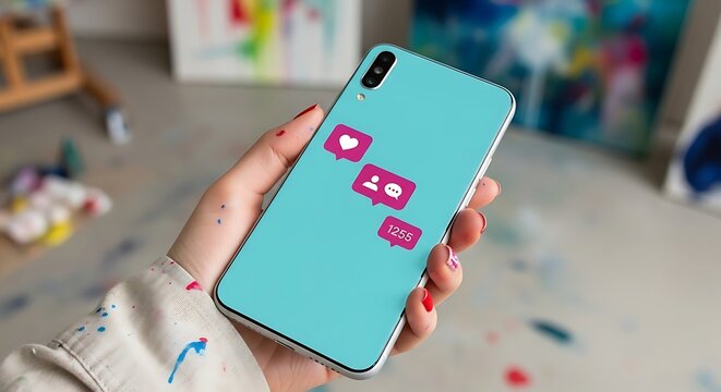 Hand holding a smartphone with social media icons floating above the screen, representing online engagement and digital communication. - Powered by Adobe