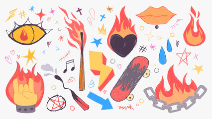Doodle fire icons set isolated on white background. Vector cartoon illustration of heart, chain, match with burning flame, human eye, lips, skateboard, cool tattoo sketches, hand drawn scribbles