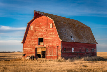 Golden light on a large abandoned red barn on the prairies in Saskatchewan