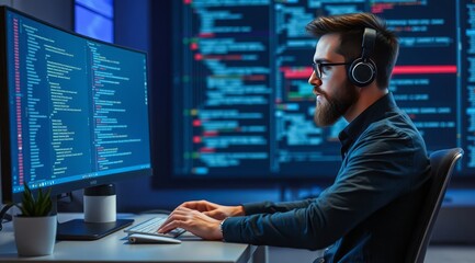 A young programmer wearing headphones is working at a computer in a dark office with monitors displaying the code. The concept of IT, cybersecurity and remote work.