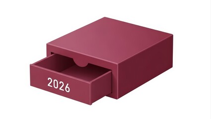 A maroon box with an open drawer labeled 2026.