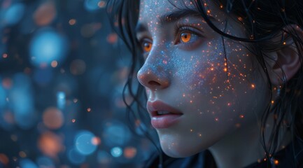 A girl with shimmering particles, a magical background. Perfect for advertising household appliances that emphasize cleanliness and innovative technology. Creates an atmosphere of magic and modernity.