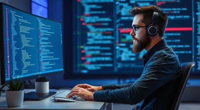 A young programmer wearing headphones is working at a computer in a dark office with monitors displaying the code. The concept of IT, cybersecurity and remote work. - Powered by Adobe
