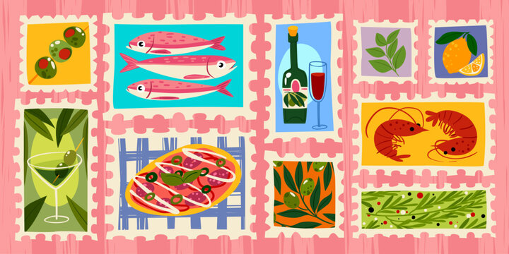 Color stamps with traditional Italian food. Vector cartoon illustration of Amalfi coast vacation symbols, sardines, shrimps, pizza, olives, lemon, wine bottle, cocktail glass, summer travel collage