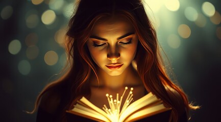 A girl with a book, surrounded by the warm light of garlands. The magical atmosphere is suitable for the background of advertisements for comfort-creating equipment: lighting, climate control, and a s