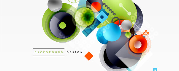 Obraz premium Abstract geometric shapes, vibrant colors, modern design elements. Overlapping circles, squares, lines create dynamic composition.